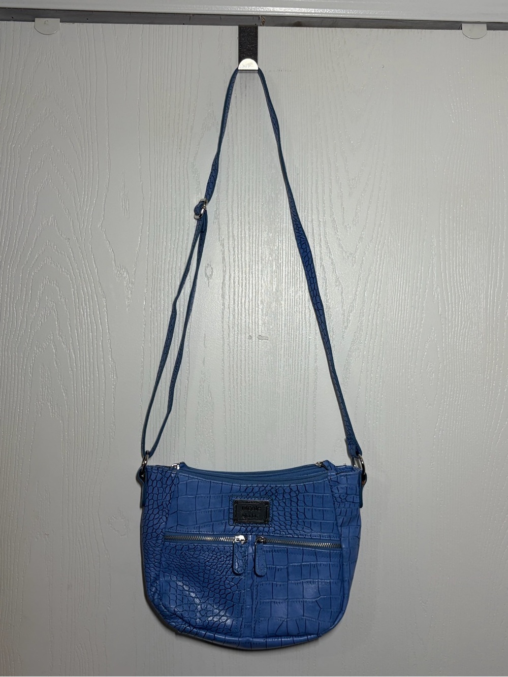 Nicole Miller Blue Croc-Embossed Crossbody Bag